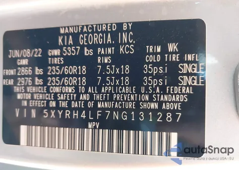 2022 Kia Sorento Ex z USA, uszkodzony, nr VIN 5XYRH4LF7NG131287